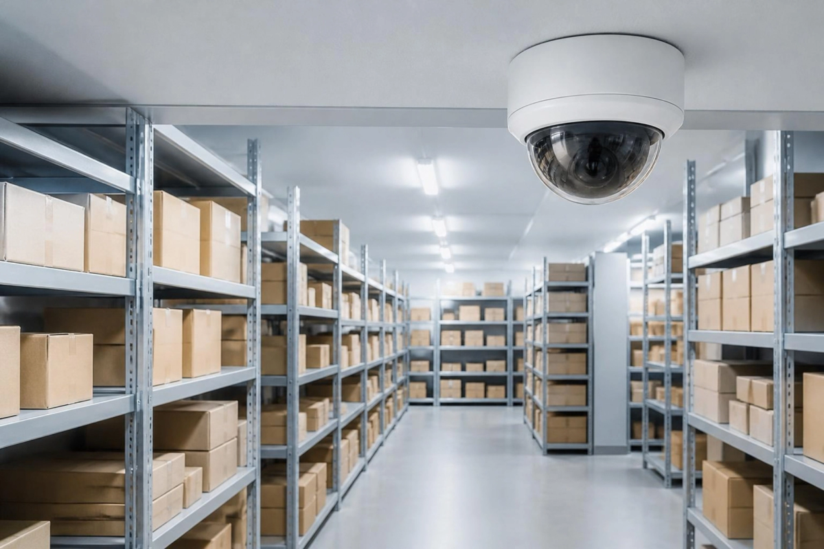 Dome camera covering storeroom shelves.