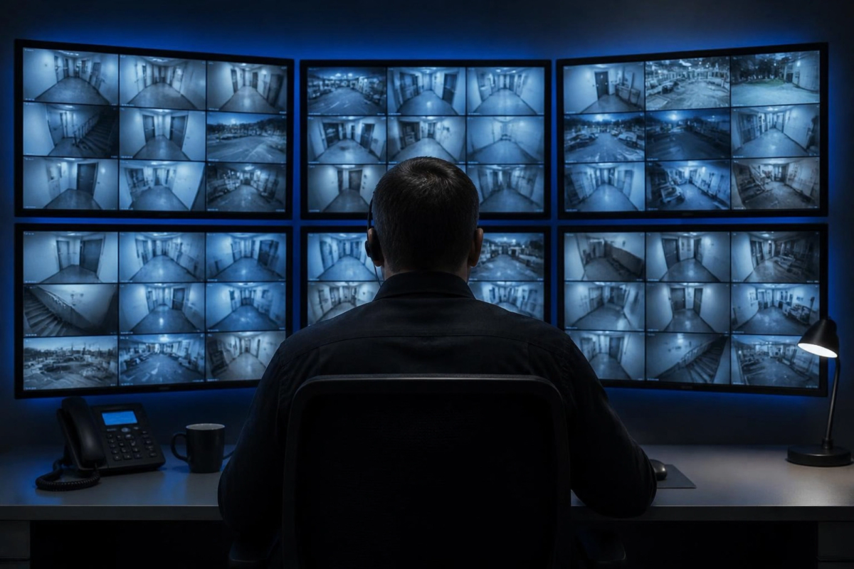 Operator watching a wall of camera feeds in a monitoring room.
