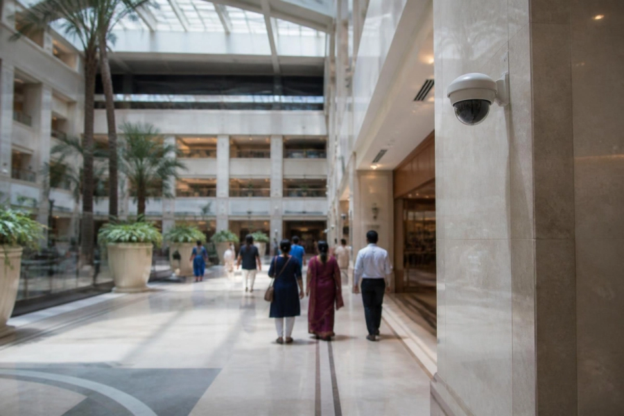Security camera overlooking a hotel and mall atrium.