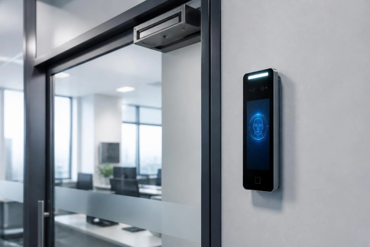 Face-recognition terminal beside an office door with a magnetic lock.