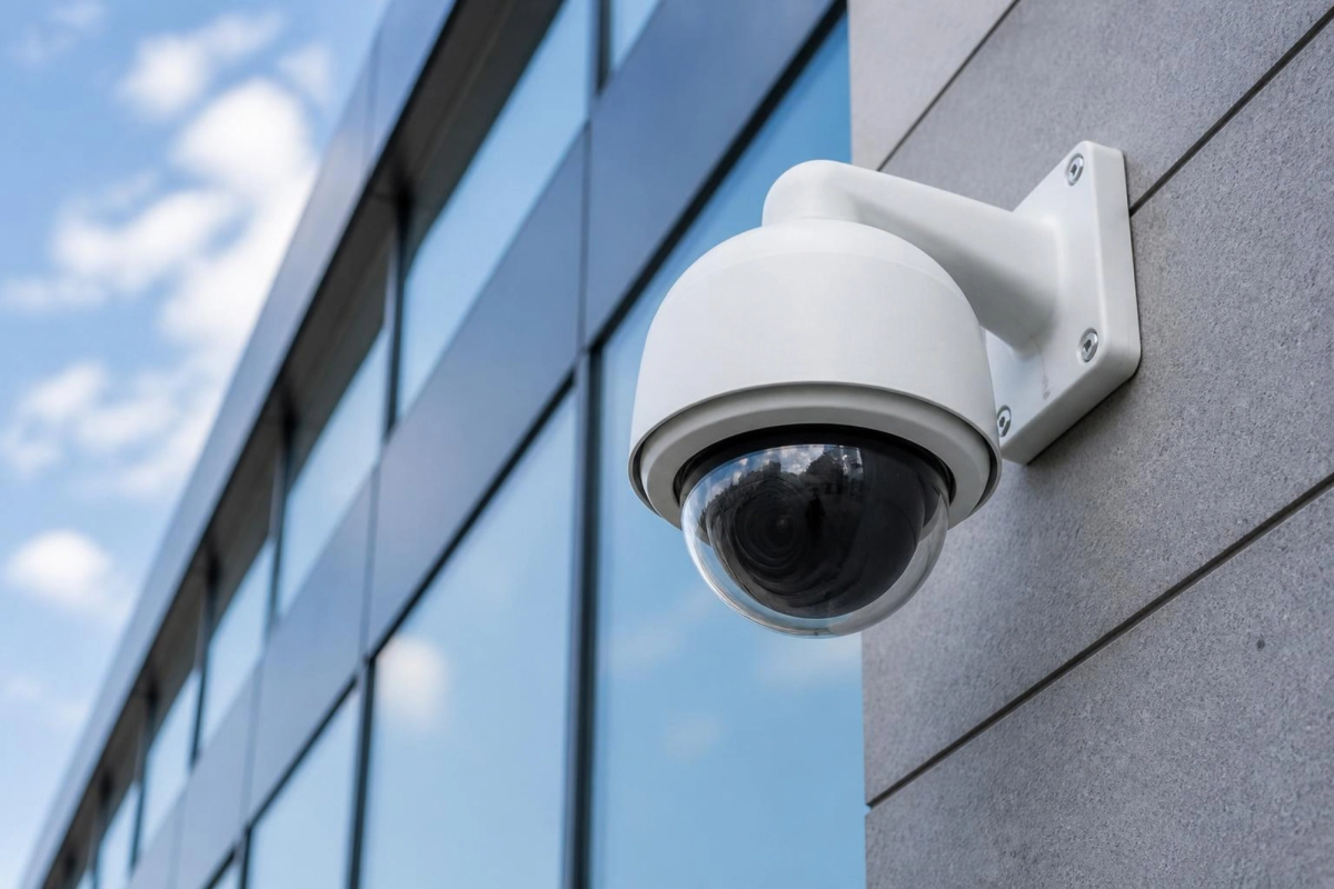 Dome security camera on a modern building wall.