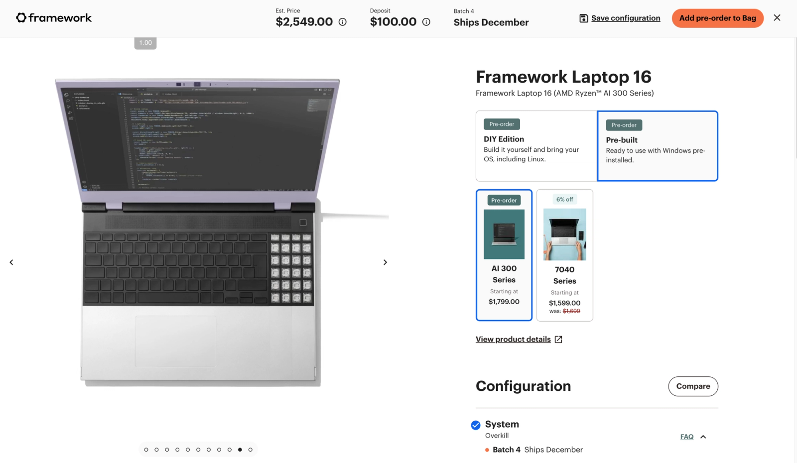 Framework Laptop 16の商品ページ