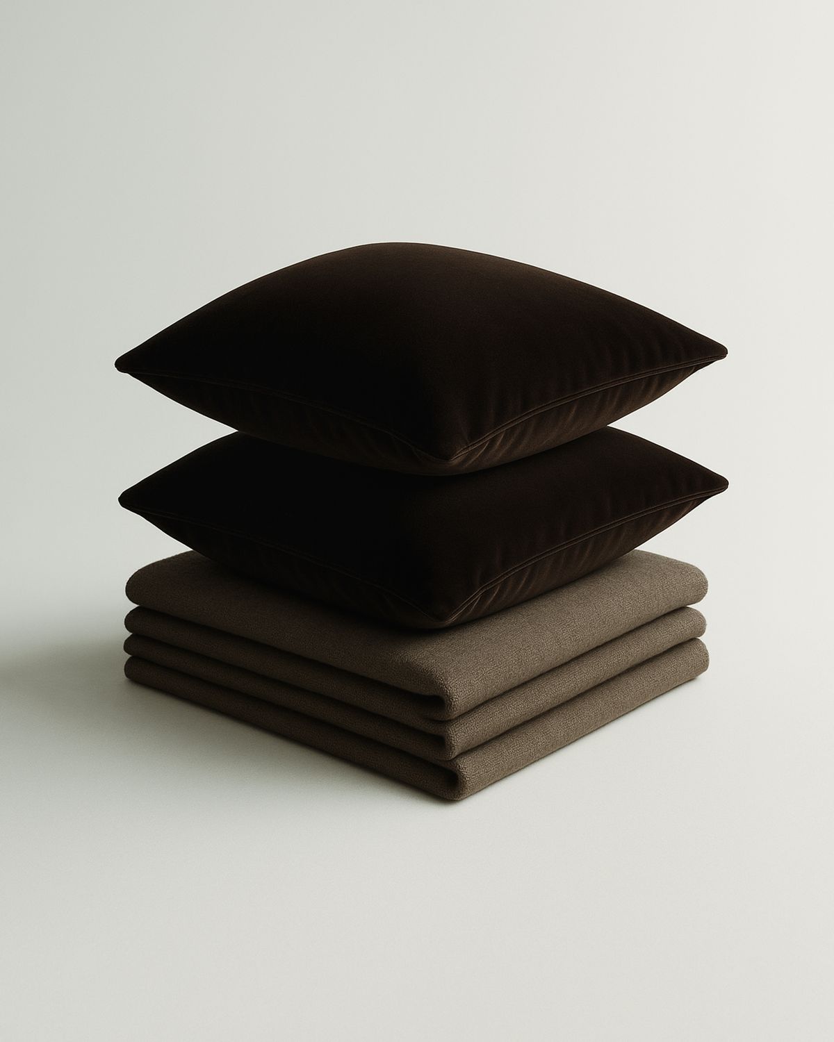Housses de coussin Teddy Velvet en Walnut posées sur des plaids Heritage pliés en Taupe, photographiées sur fond clair et épuré.