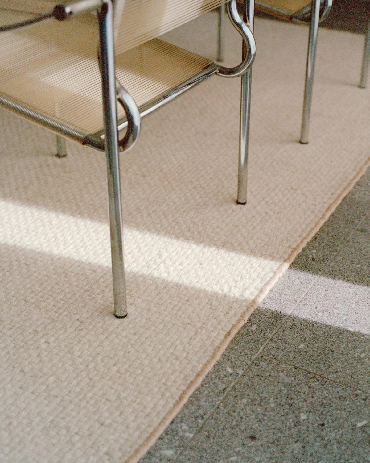 Close up shot of basket woven wool rug Zero Basket in Sand Mix in Falsterbo, Skåne.