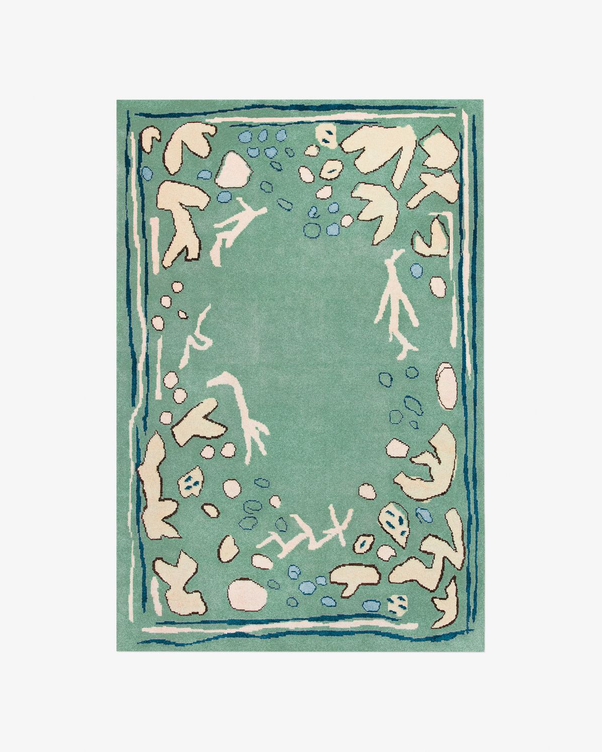 Product image of Giverny in Green. A painterly wool rug in soft green with abstract shapes in dusty pink and beige, evoking the calm of a garden at dusk.