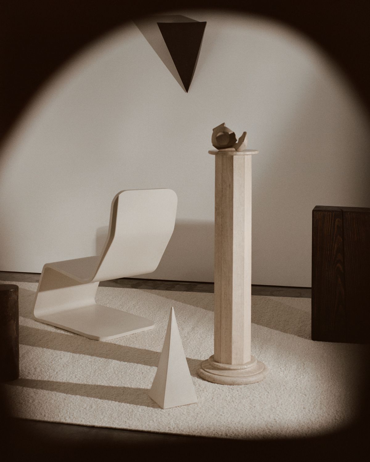 Bouclé cream shot with dark vinjett surrounding the image. White interior details displayed on the Bouclé rug for monument store.