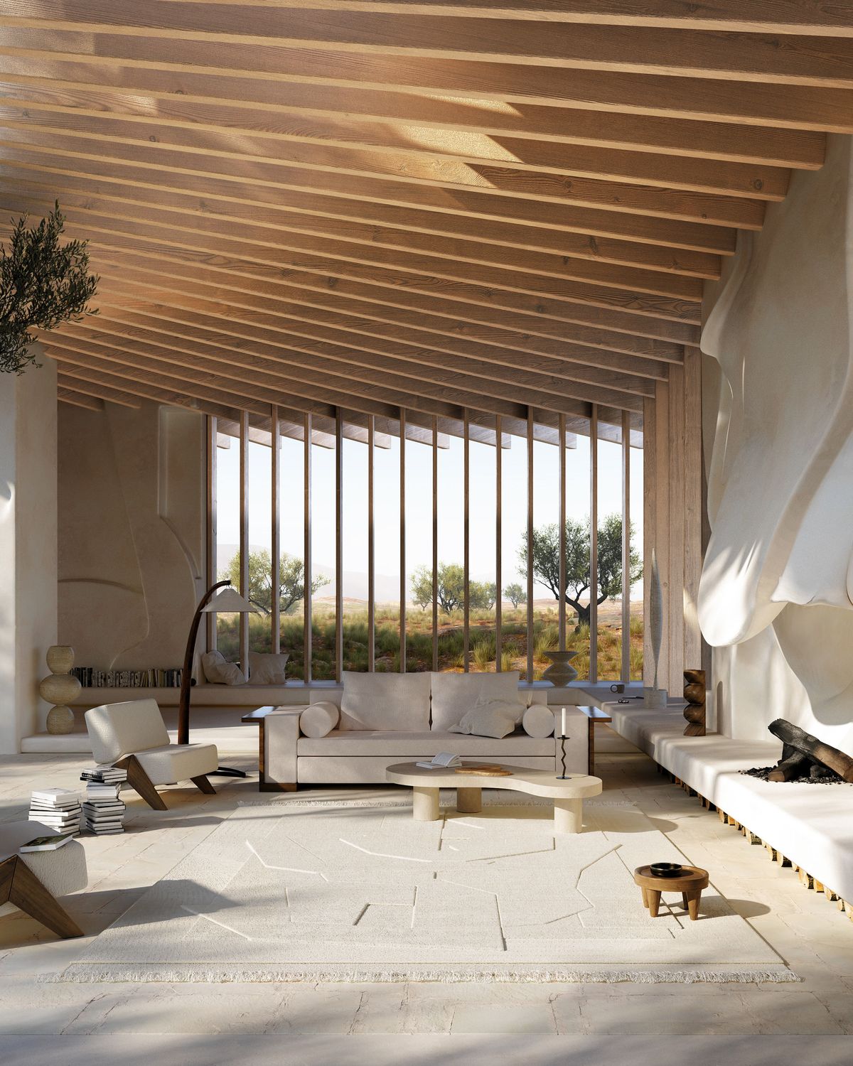 Ullmattan Arjé Face, avbildad i en digitalt skapad bild av ett modernt, rymligt vardagsrum i ljusa neutrala färger.