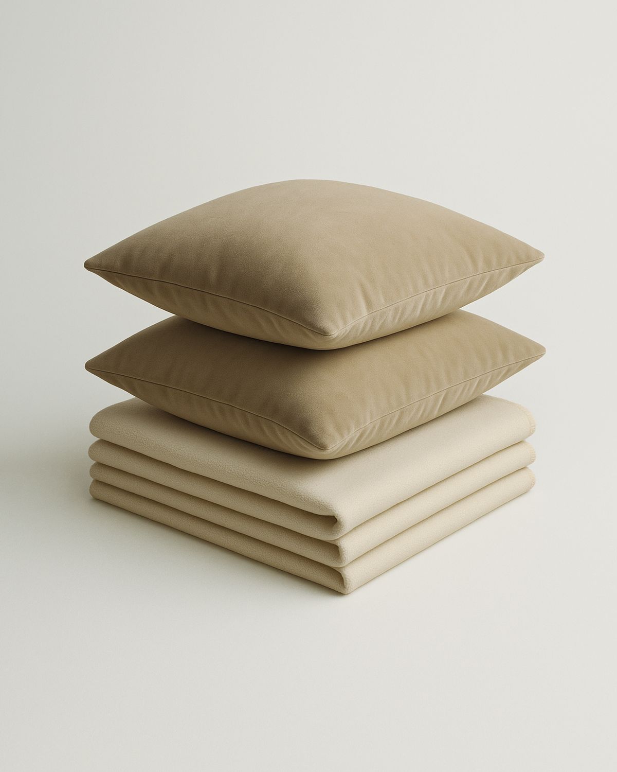 Housses de coussin Teddy Velvet en Sand posées sur des plaids Heritage pliés en Cream, photographiées sur fond clair et épuré.
