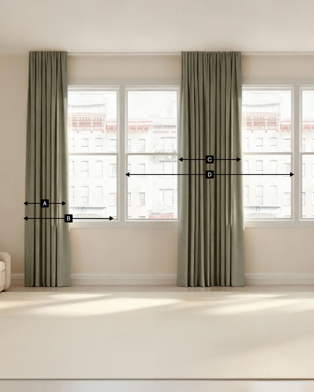 Curtain measurement guide showing key widths (A–D) across a multi-panel window setup.