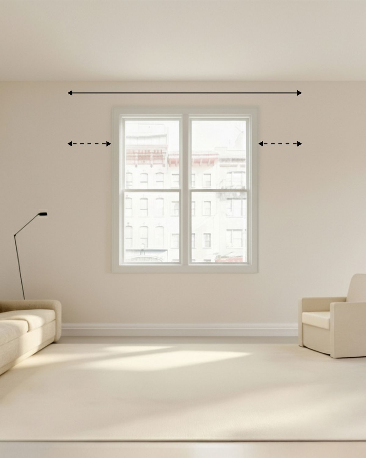 Arrows showing how to measure for curtains: measure the full width above the window and the extra space on each side.