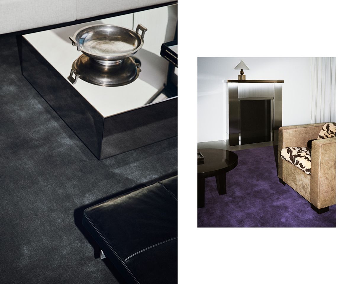 Photos en collage montrant des tapis en laine moelleux Grand en Lilac et Pencil Gray dans un salon moderne et minimaliste.