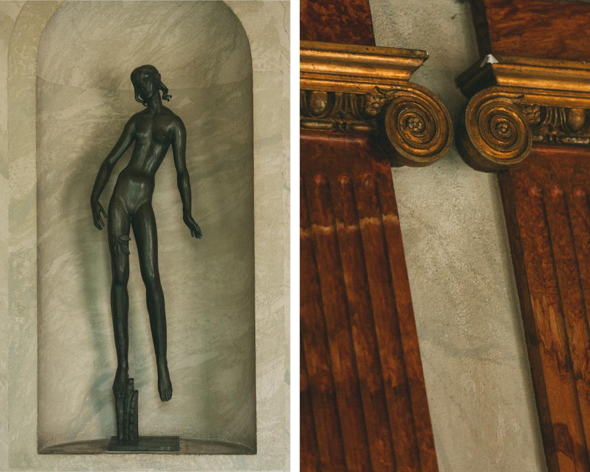 Collage d’images d’une sculpture en métal et de piliers en bois avec des détails dorés.