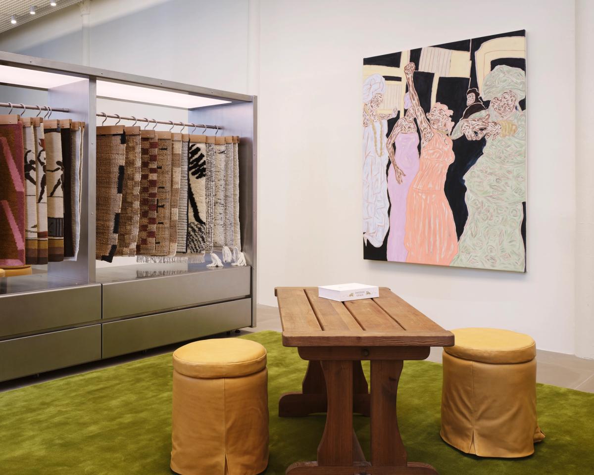 Plush wool rug Grand in Milano Green pictured at the Nordic Knots flagship store in Soho, New York.