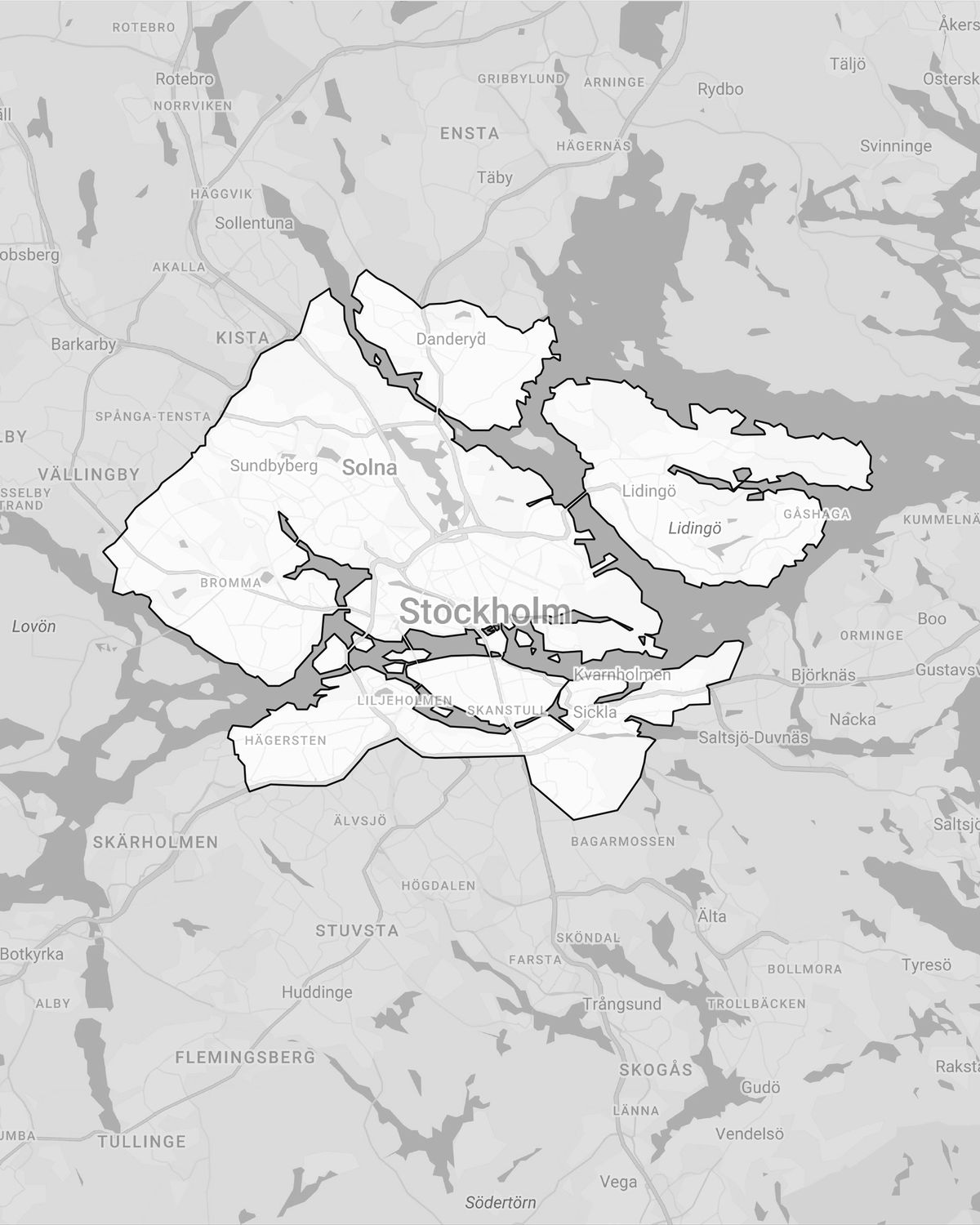 Eine monochrome Karte von Stockholm, die die Stadtteile und umliegenden Gemeinden vor einem gedämpften grauen Hintergrund hervorhebt.