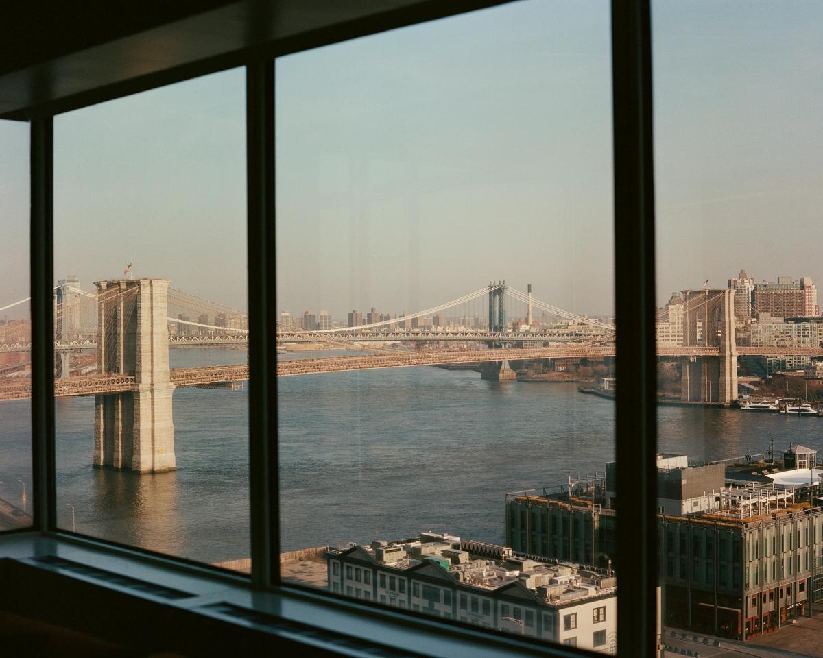 A shot of a bridge from a high-rise building in New York, USA.