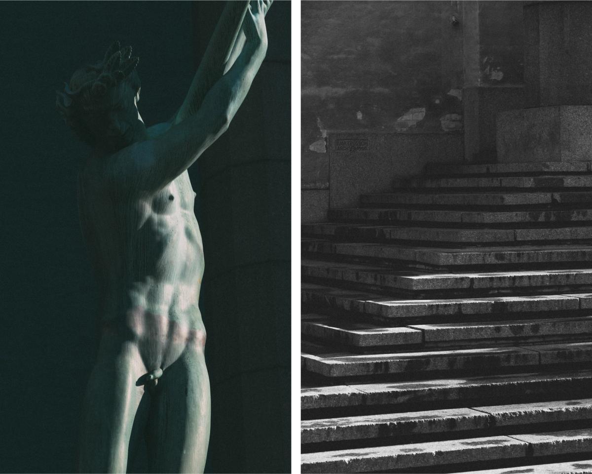 Collage avec deux photos : une statue en pierre et un escalier en pierre.