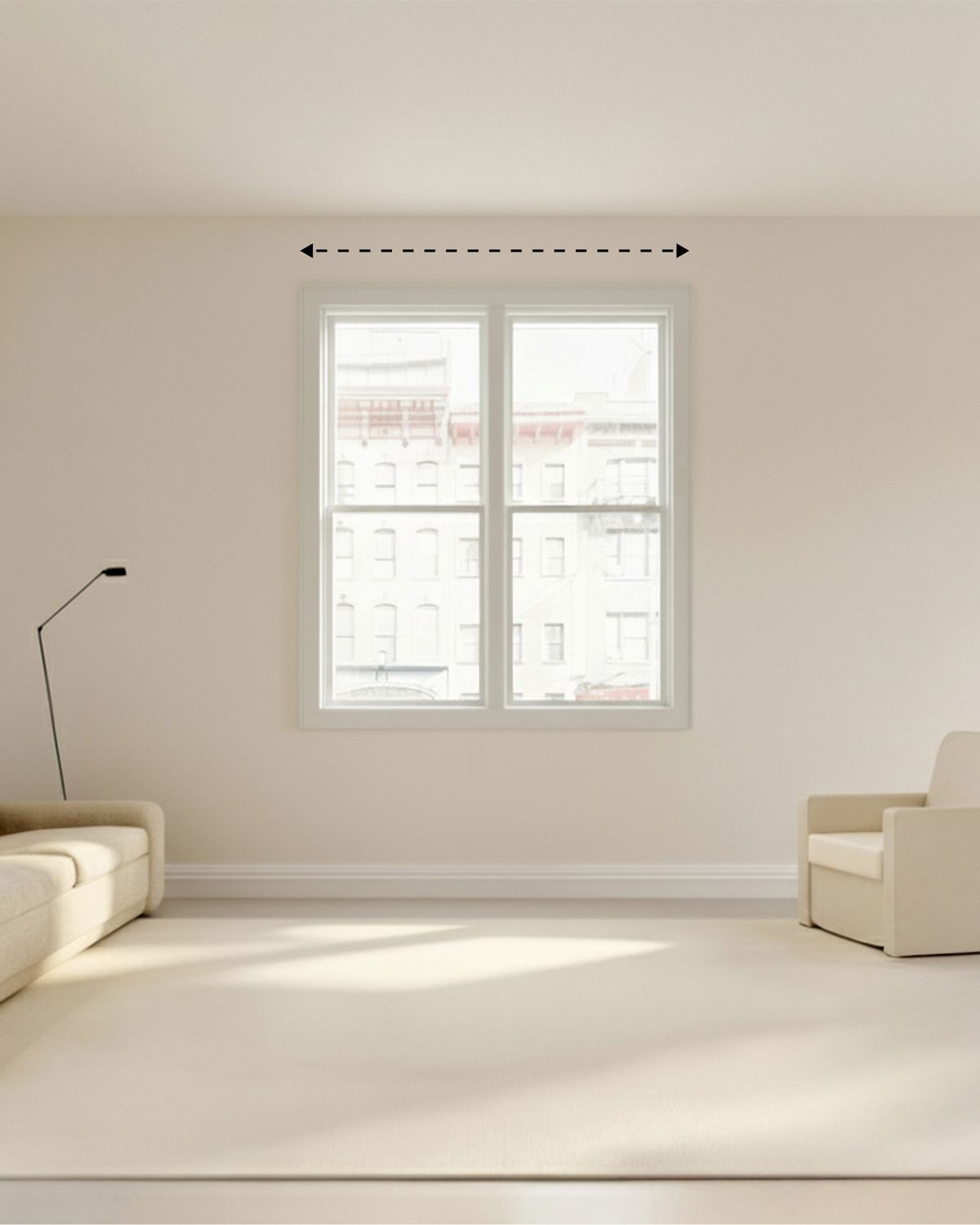 Arrow indicating the recommended curtain rail width above the window.