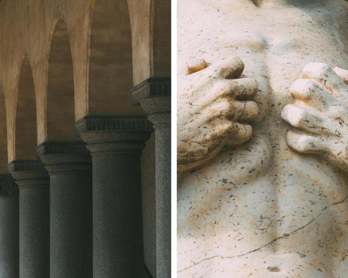 Collage d’images de piliers en pierre avec des arches et d’un buste en marbre.