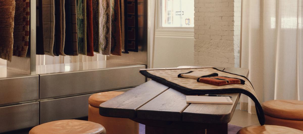 Rug samples on display at the Nordic Knots NYC flagship store.