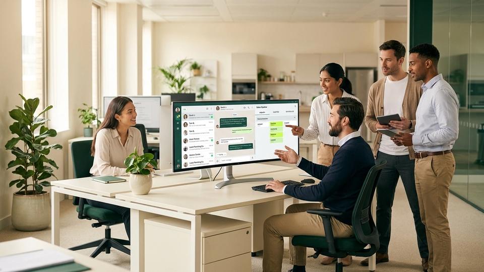 Shared WhatsApp team inbox on a monitor for UK local businesses — BryteChat blog cover