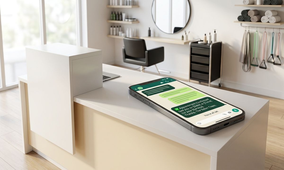 WhatsApp broadcast messages on a phone with booking confirmations for a UK salon — BryteChat blog cover