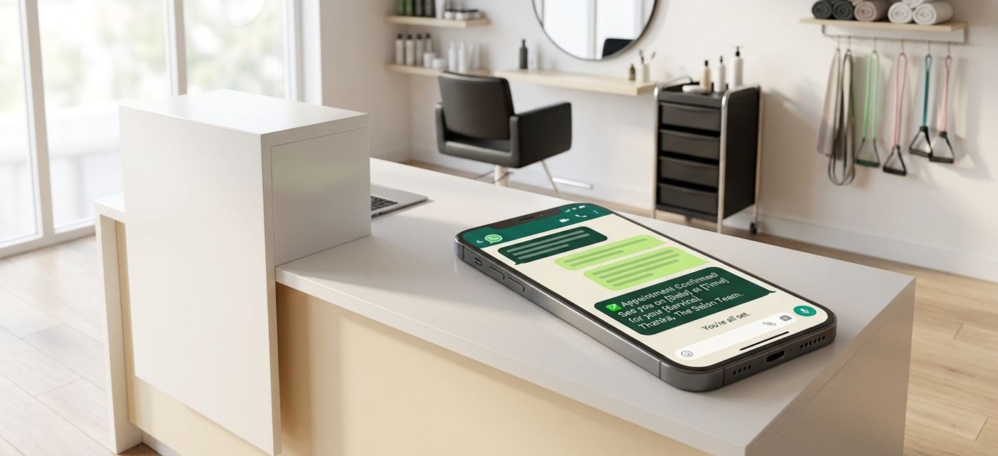 WhatsApp broadcast messages on a phone with booking confirmations for a UK salon — BryteChat blog cover