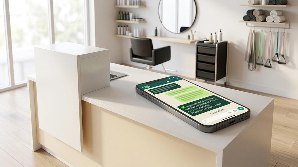 WhatsApp broadcast messages on a phone with booking confirmations for a UK salon — BryteChat blog cover