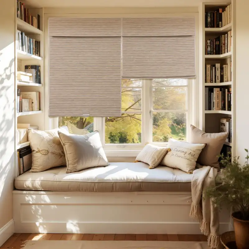 Light-Filtering Dual-Stripe Woven Shades - Natural Mixed Grey installed view