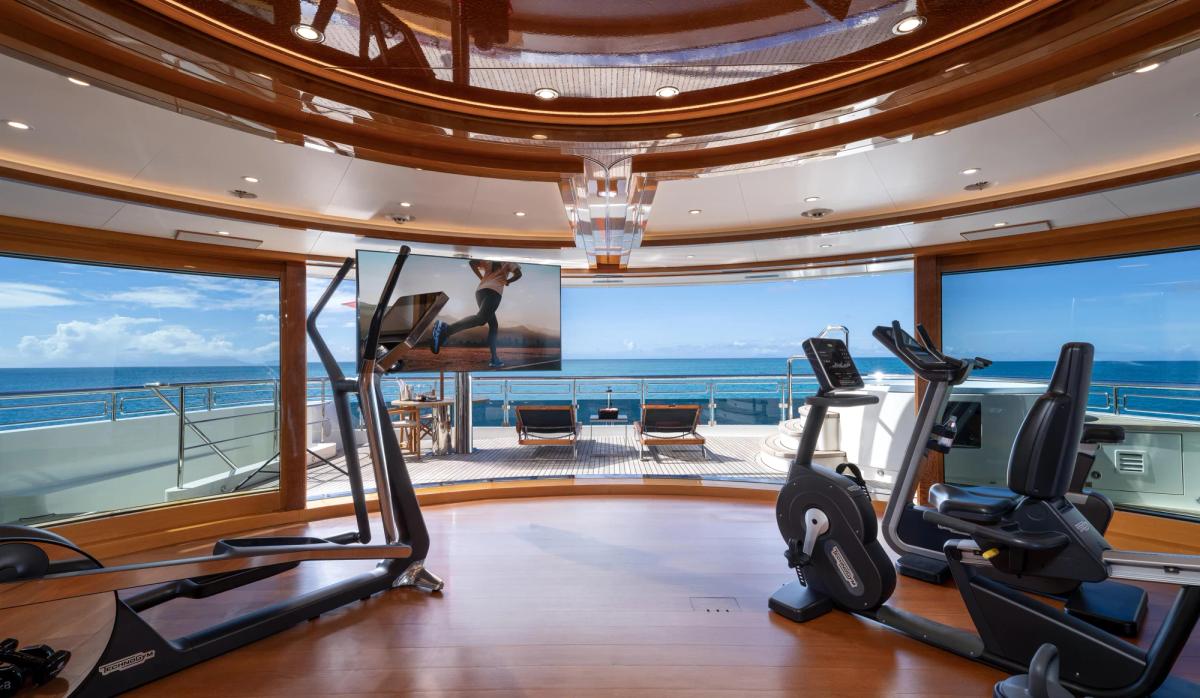 ALFA NERO gym with cardio machines and sea views, 82m Oceanco motor yacht for sale