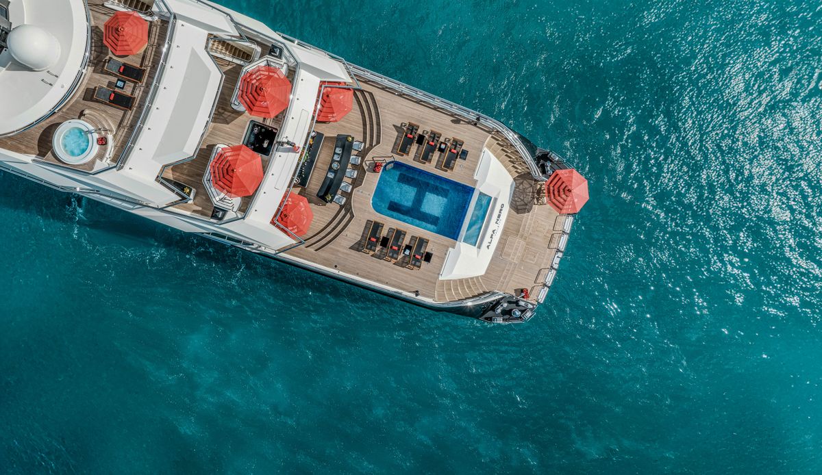 ALFA NERO aerial view of the aft decks with pool and hot tub, 82m Oceanco motor yacht for sale
