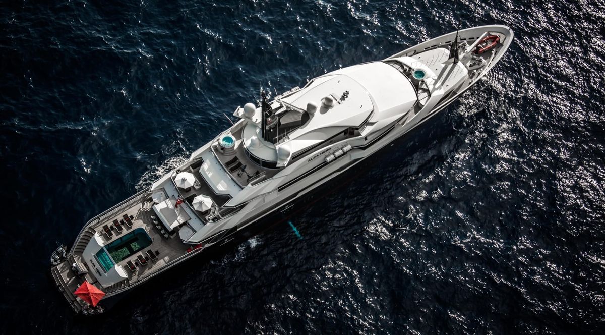 ALFA NERO aerial view from directly above under way, 82m Oceanco motor yacht for sale