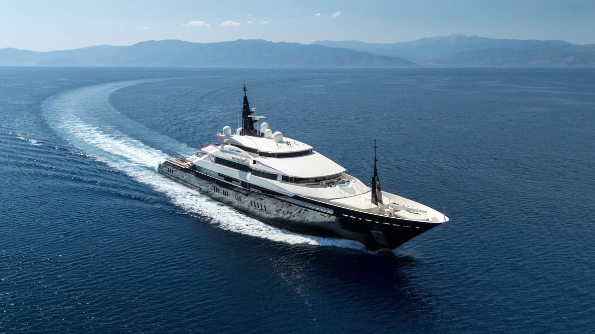 ALFA NERO aerial view under way from the bow, 82m Oceanco motor yacht for sale