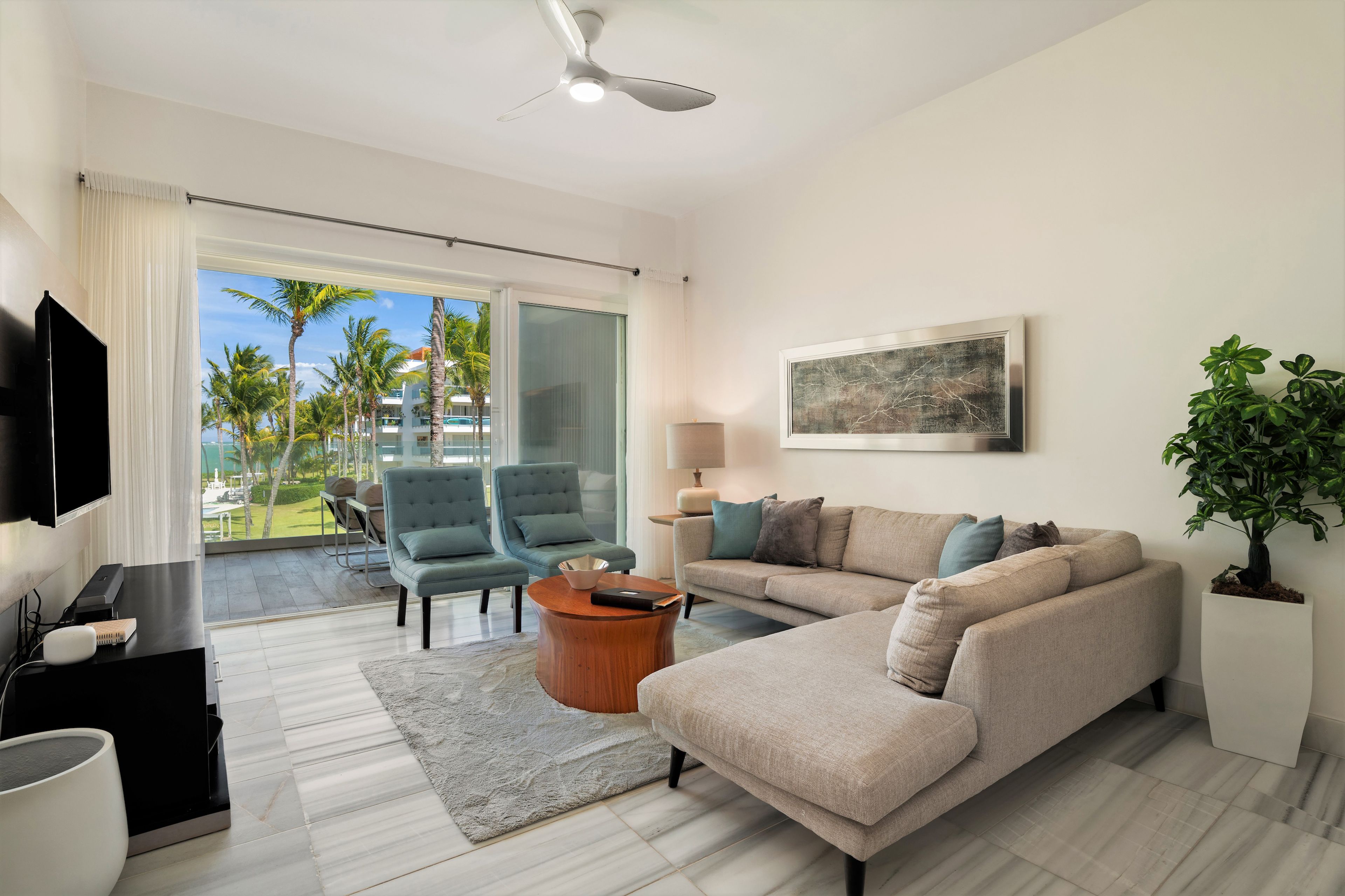 Open plan kitchen with ocean view at Seawinds Cabarete
