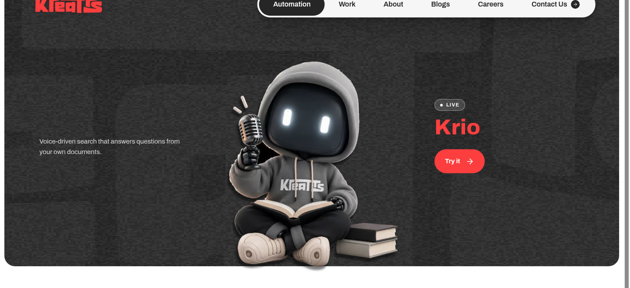 Krio product hero — voice-driven search over your documents