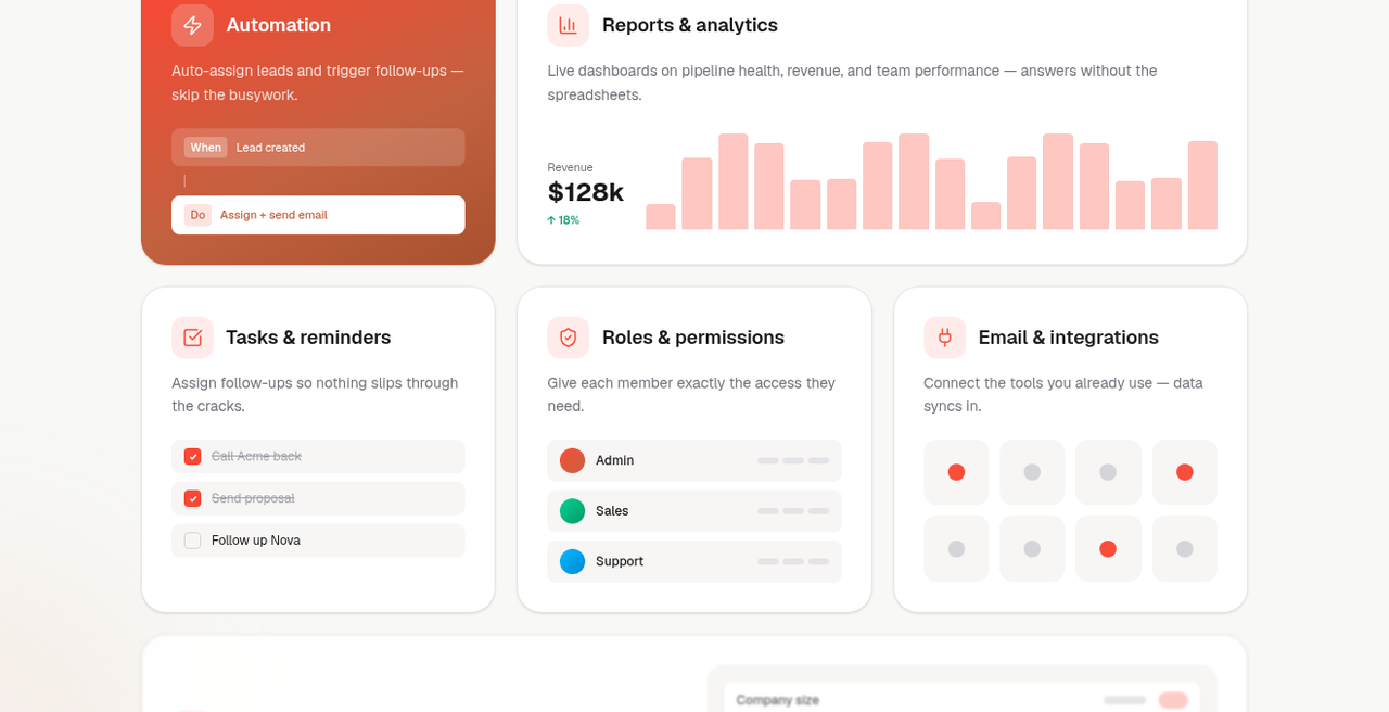 Automation, reports, tasks, roles, and integrations