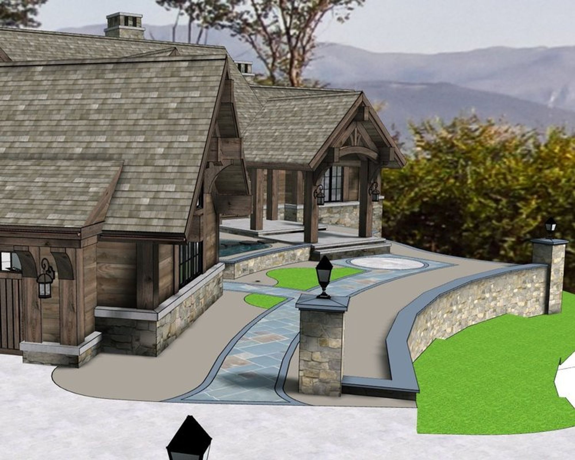 3D rendering of a timber and stone home with curved stone wall, stone piers and bluestone entry walkway - Mom's Design Build