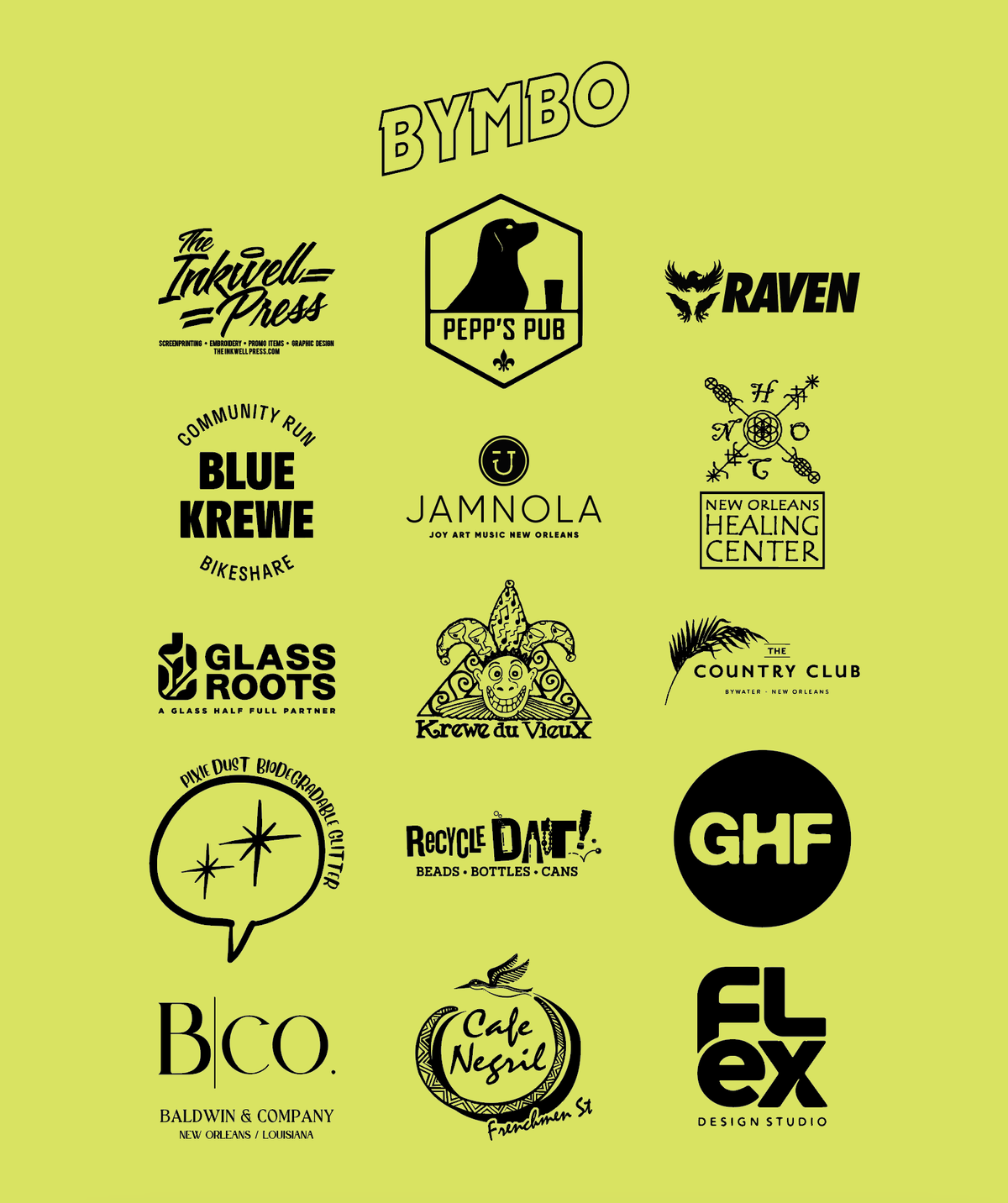 Sponsor and partner logos: The Inkwell Press, Pepp's Pub, Raven, Blue Krewe Bikeshare, JAMNOLA, New Orleans Healing Center, Glassroots, Krewe du Vieux, The Country Club, Pixie Dust Biodegradable Glitter, Recycle Dat, Glass Half Full, Baldwin & Company, Cafe Negril, and Flex Design Studio