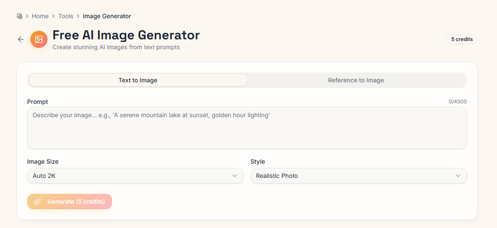 A clean, modern web application interface for an AI image generator, showing a text prompt input box with the text "cartoon fox character walking through a forest at sunset", a style dropdown menu labeled "Realistic Photo", an image size selector, and a "Generate" button, minimal beige and orange color scheme, flat UI design, screenshot-style, high resolution, no visible brand logos