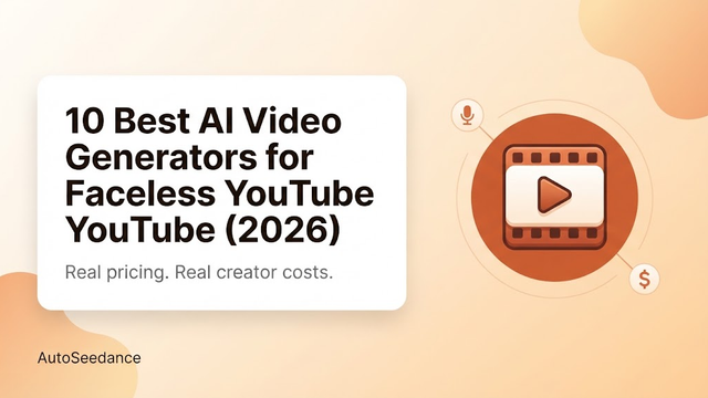 Blog cover graphic titled "10 Best AI Video Generators for Faceless YouTube (2026)" on a peach-orange gradient background, with a stacked play-button and film-strip icon on the right side