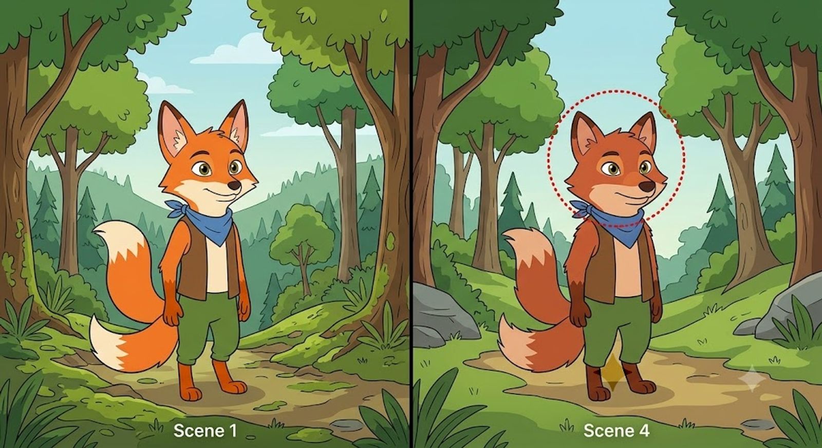 A side-by-side comparison image, left half showing a 2D animated cartoon character (a fox) in a consistent art style standing in a forest scene, right half showing the same fox character with a slightly different color and proportions in a similar forest scene, subtle mismatch highlighted with a red dotted circle around the character's face, flat 2D animation style, clean background, labeled "Scene 1" and "Scene 4" in small text at the bottom of each half
