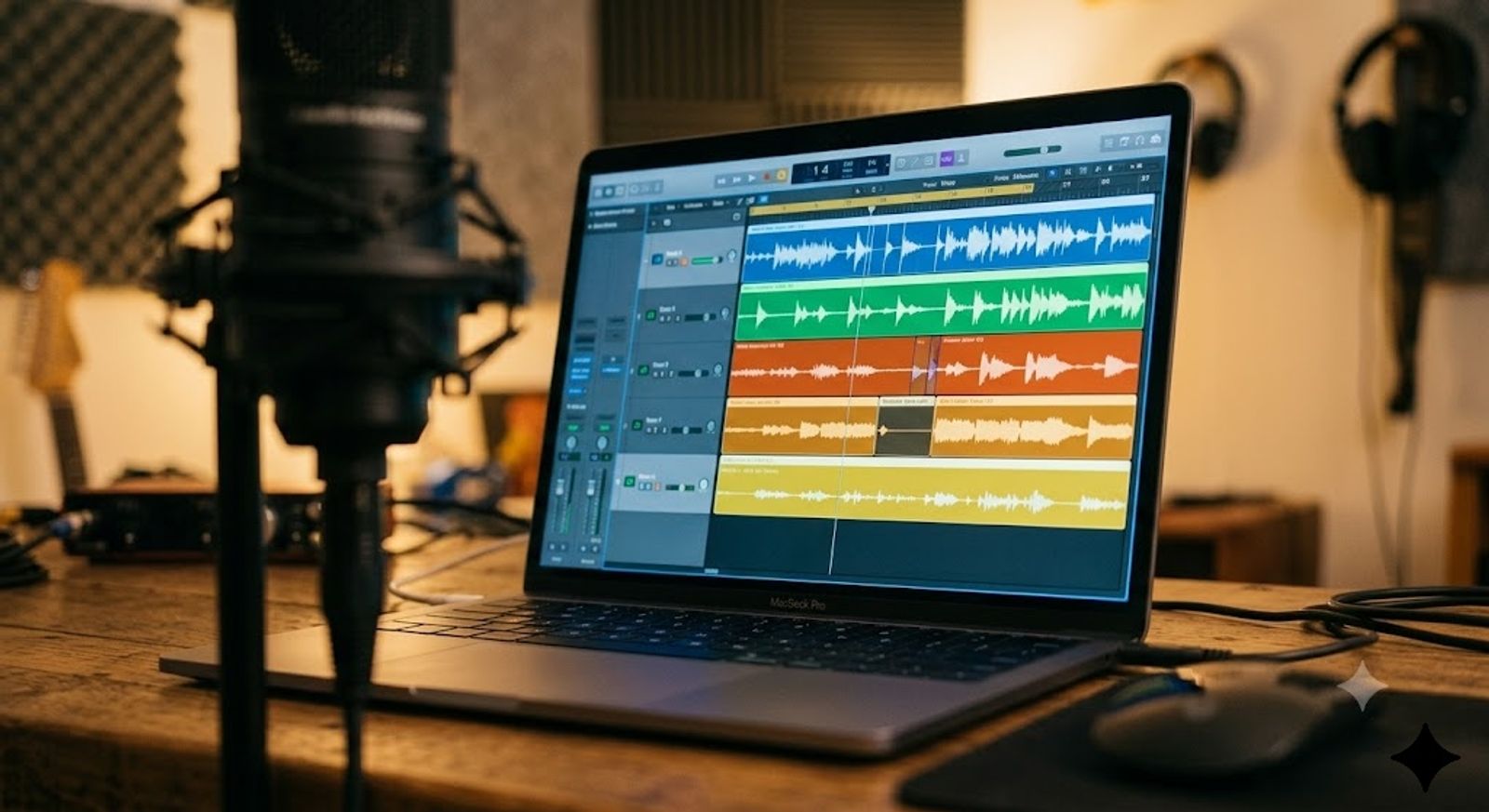 A realistic close-up photo of a laptop screen displaying an audio waveform editor with multiple sound tracks, a microphone visible in the foreground slightly out of focus, warm desk lighting, home studio setting, shallow depth of field, natural and candid, no readable text or logos on screen