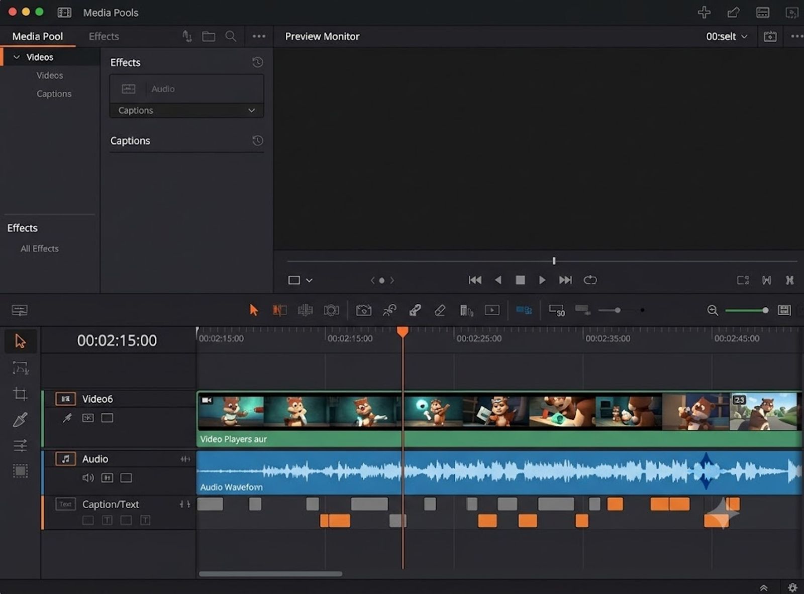 A modern video editing software interface showing a timeline with three layered tracks: a video clip track with small animated thumbnail frames, an audio waveform track below it, and a text/caption track, dark editor background with orange and white accent UI elements, flat clean design, screenshot-style, no visible brand logos