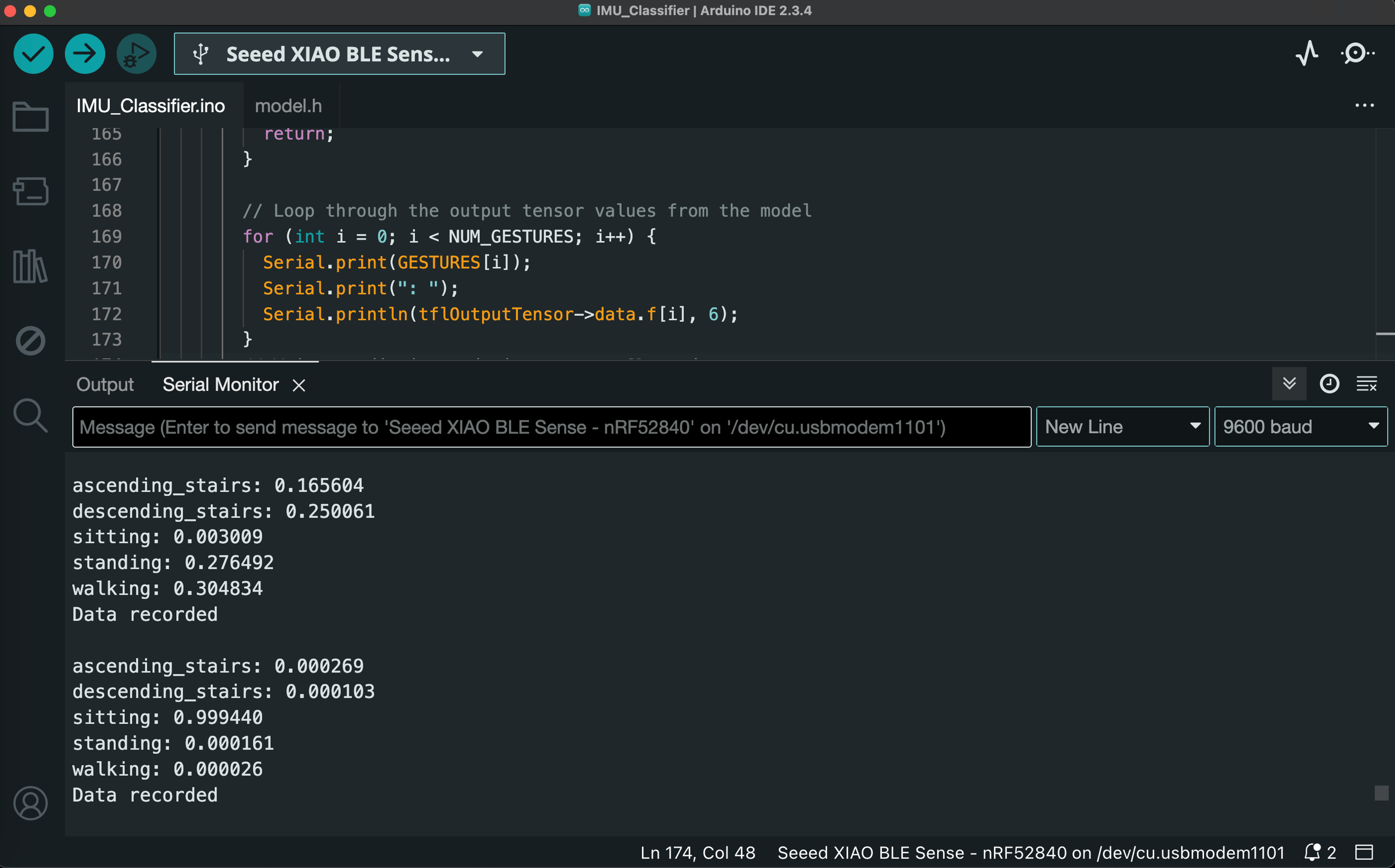 Activity predictions printed to the serial monitor
