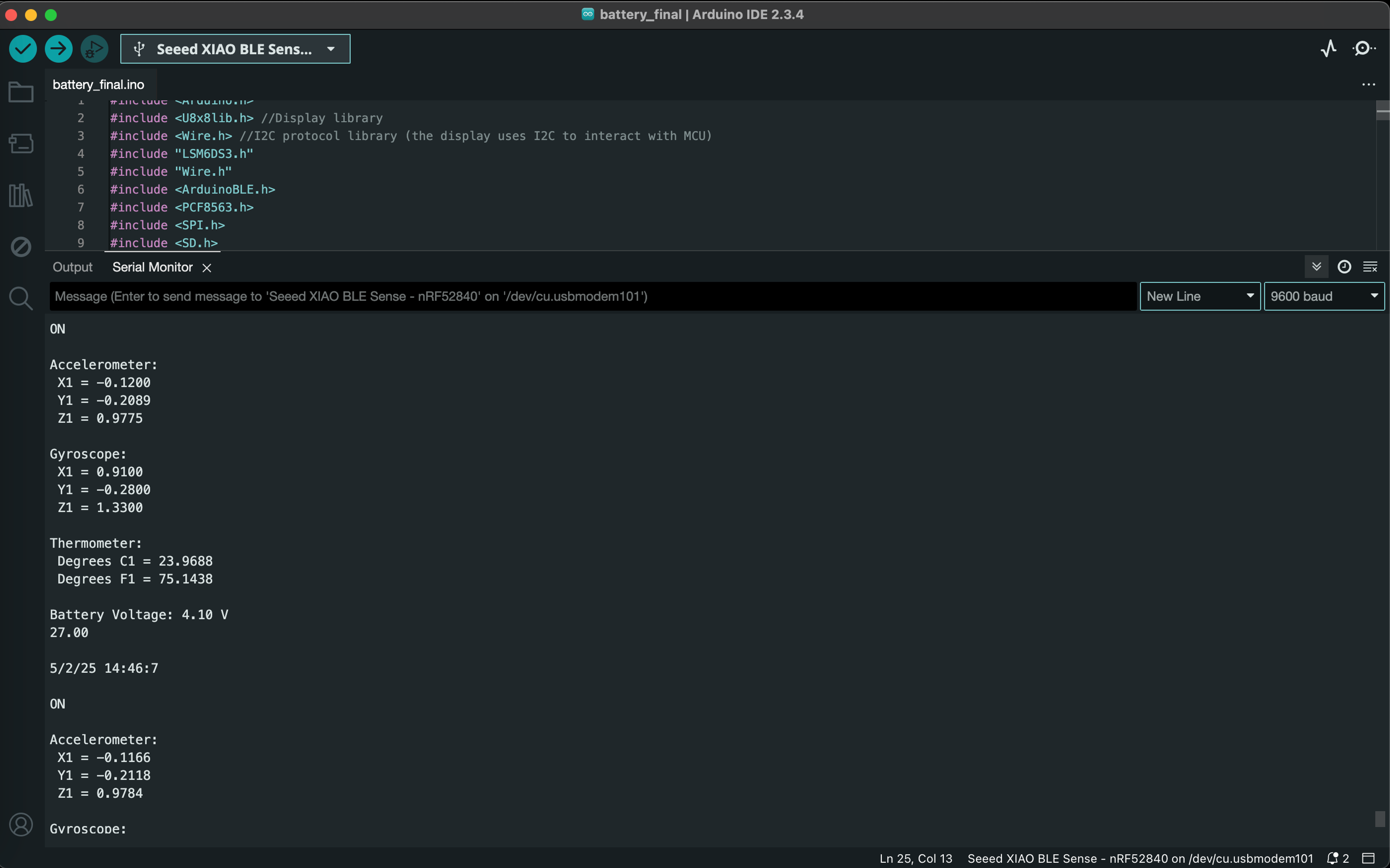 Serial monitor output showing the system status