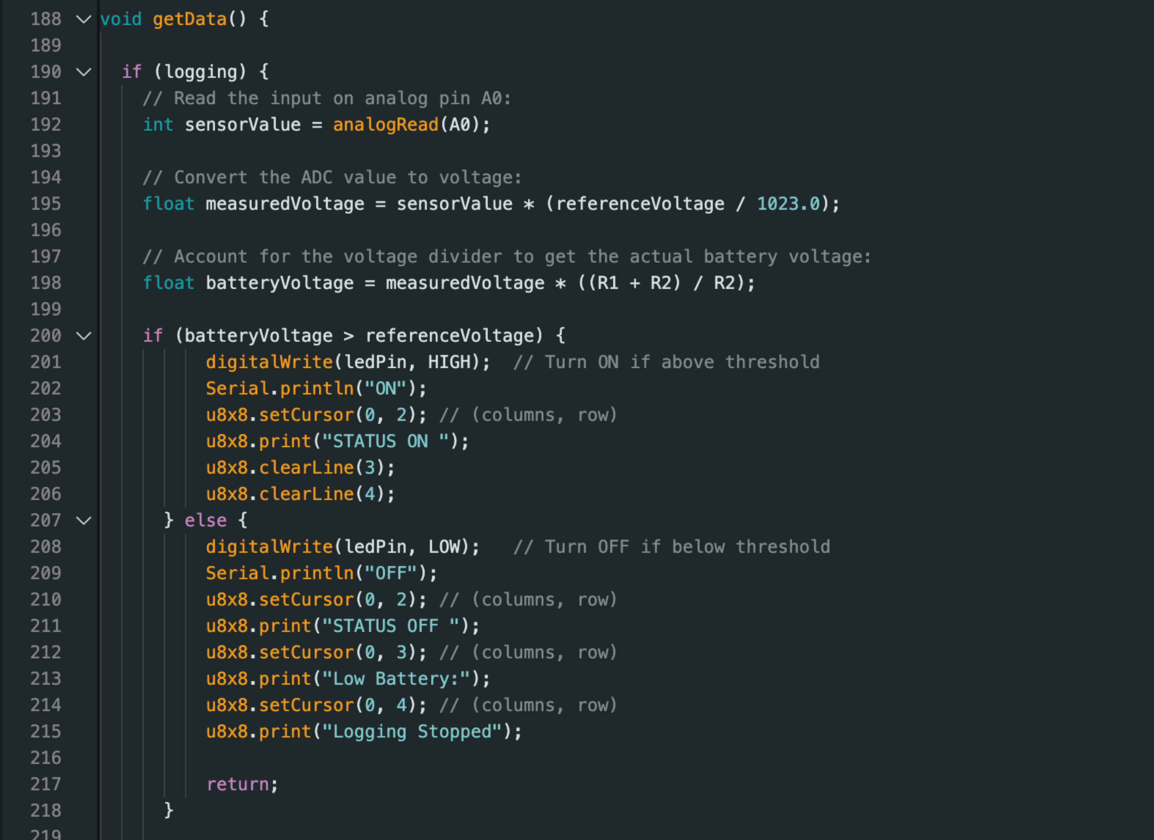 Function to calculate battery voltage from the ADC