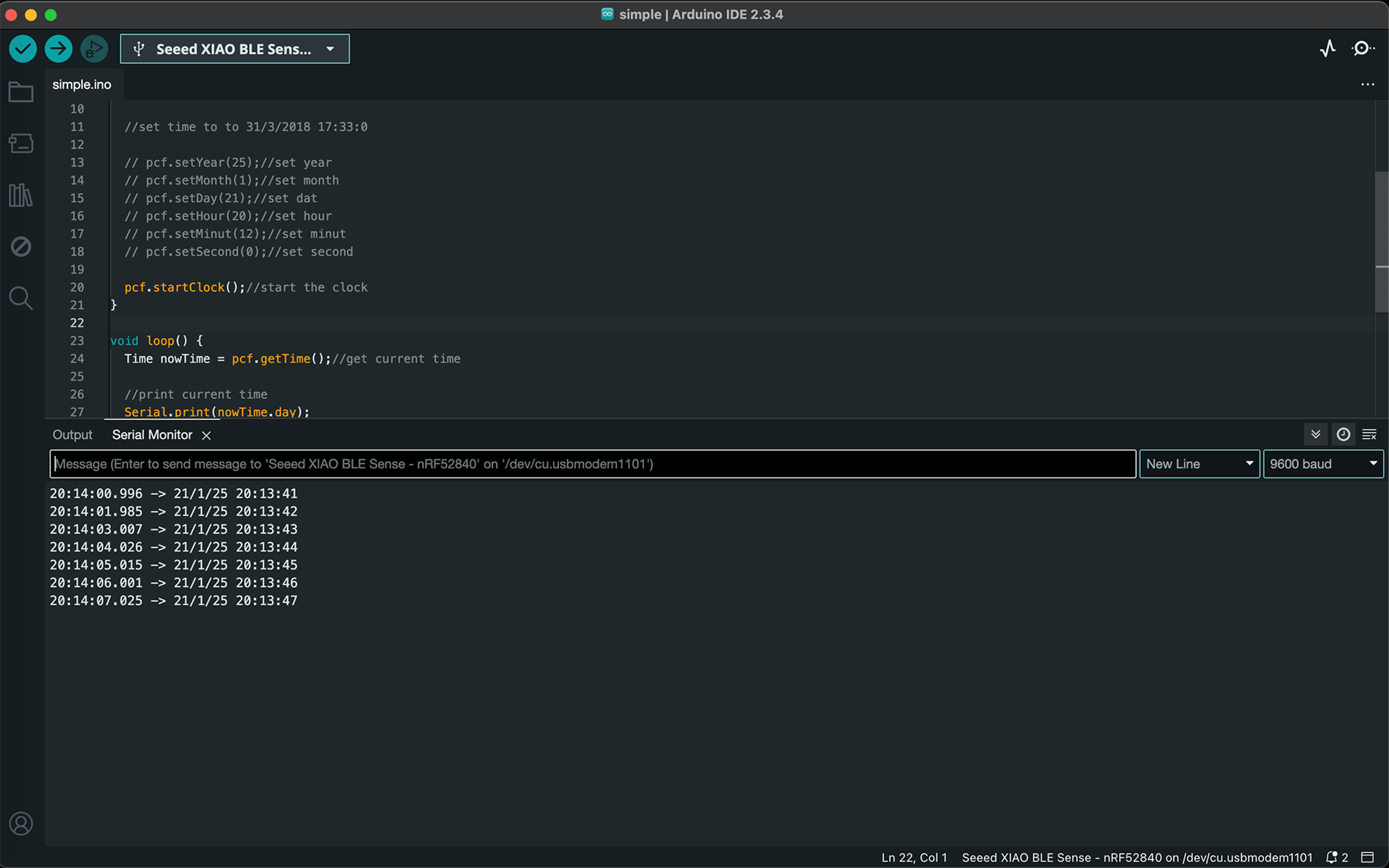 Sketch showing commented lines for setting the time and the serial monitor printout.
