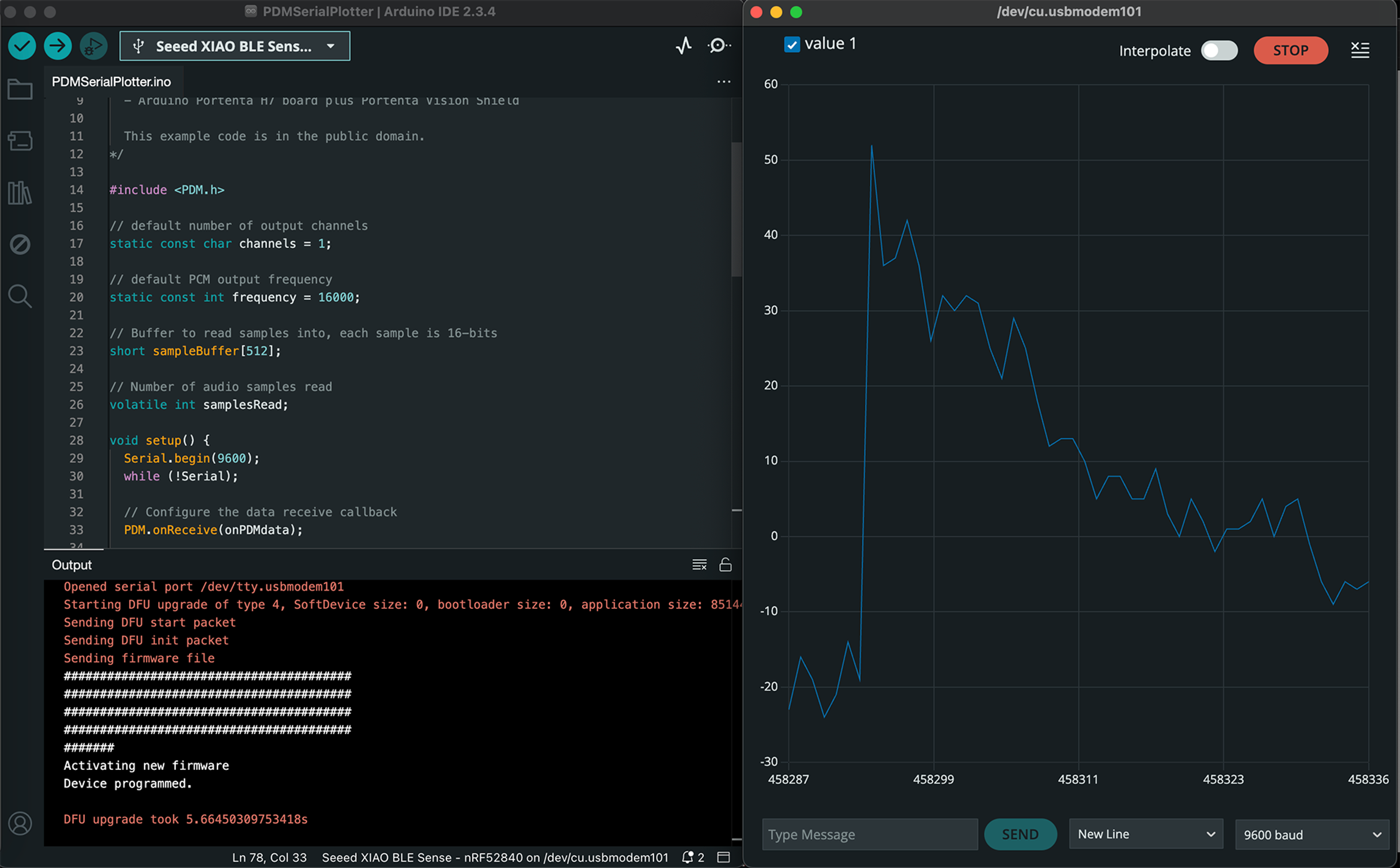 Serial plotter output from the microphone