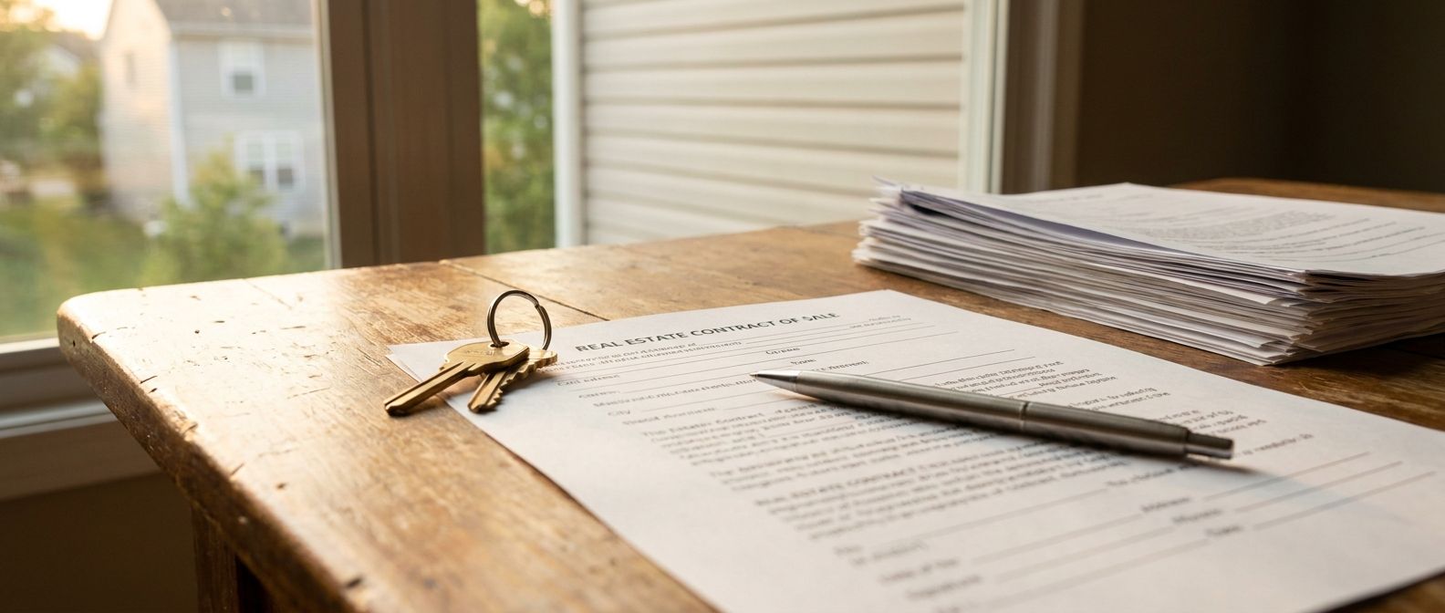 House keys and a signed New York real estate contract of sale on a closing table