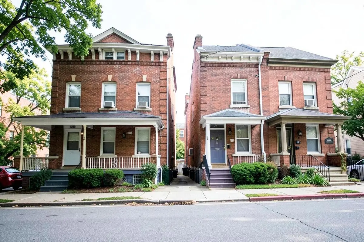 Two and three family brick homes with front stoops on a residential street in Williamsbridge, Bronx, NY