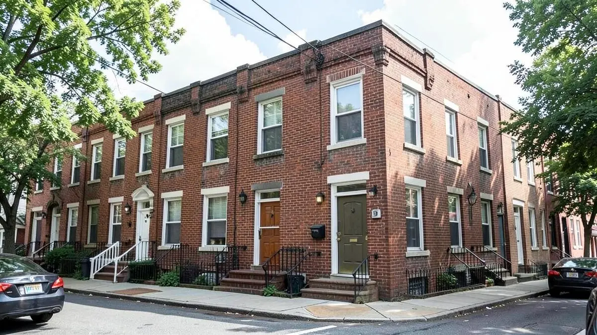 Brick two and three family rowhouses with tenants' entrances on a residential side street in Jackson Heights, Queens, NY